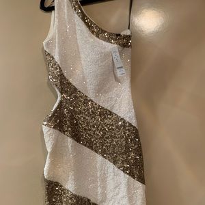 One shoulder sequence white and gold Bebe Dress